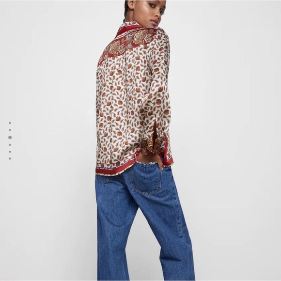 Zara Paisley Floral Printed Satin Button Front Shirt Blouse Women's Medium - Picture 3 of 16
